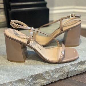 Stuart Weitzman Women Sz 8.5 Soirée 85 Fawn Patent Leather Block Heels Sandals